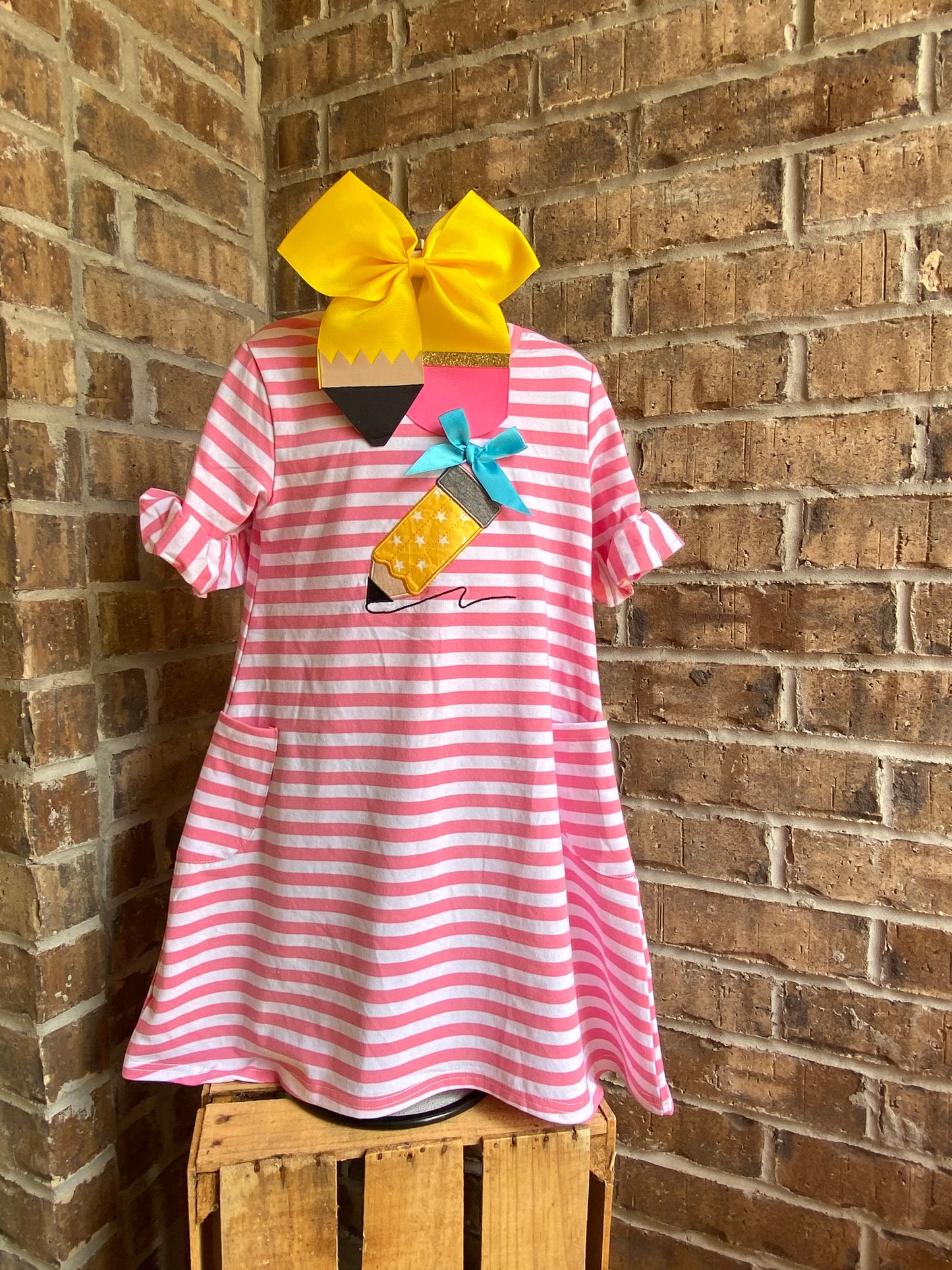 Polka Dot Pencil Pink Stripe Dress with Pockets